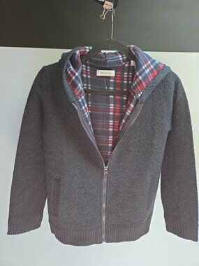 Projekt Raw navy plaid-lined zip-up knit hoodie Size 12 Teen